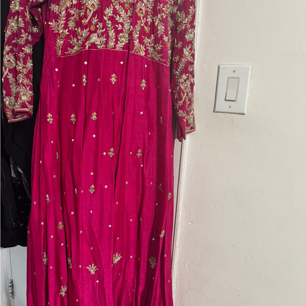 Elegant  Raw Silk Pink Embroidered Maxi Dress